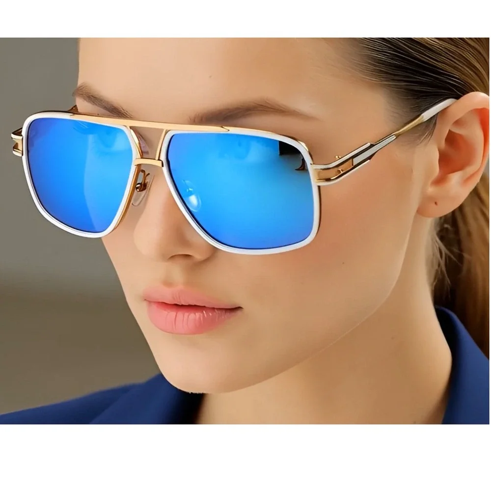 Designer Sunglasses Blue Mirror Lens Gold Frame‎ White Women Retro Square Trendy